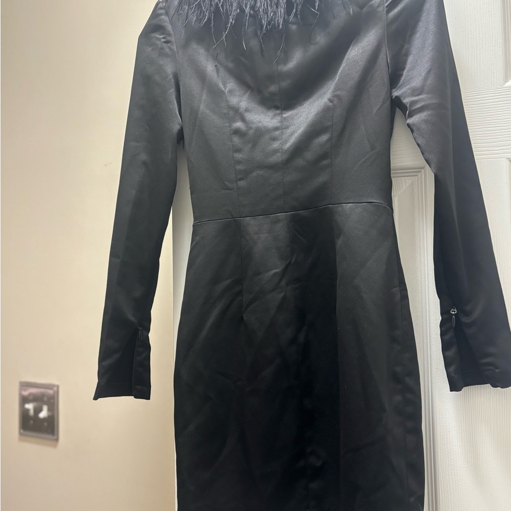 Black Satin Dress with Feather Detail (Tara) House Of CB - Picture 5 of 8